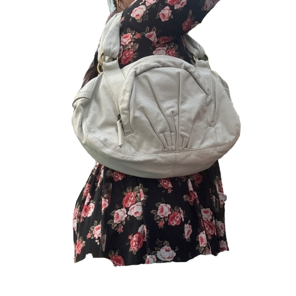Dautore light grey leather hobo double pockets  top zipper Handbag
